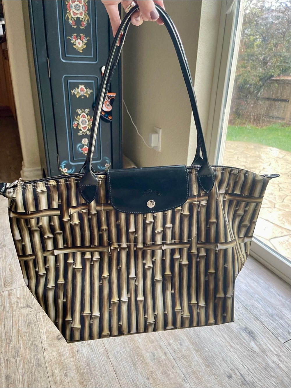 LONGCHAMP LE PLIAGE Bamboo Print Patent Leather Trim Nylon Tote Bag